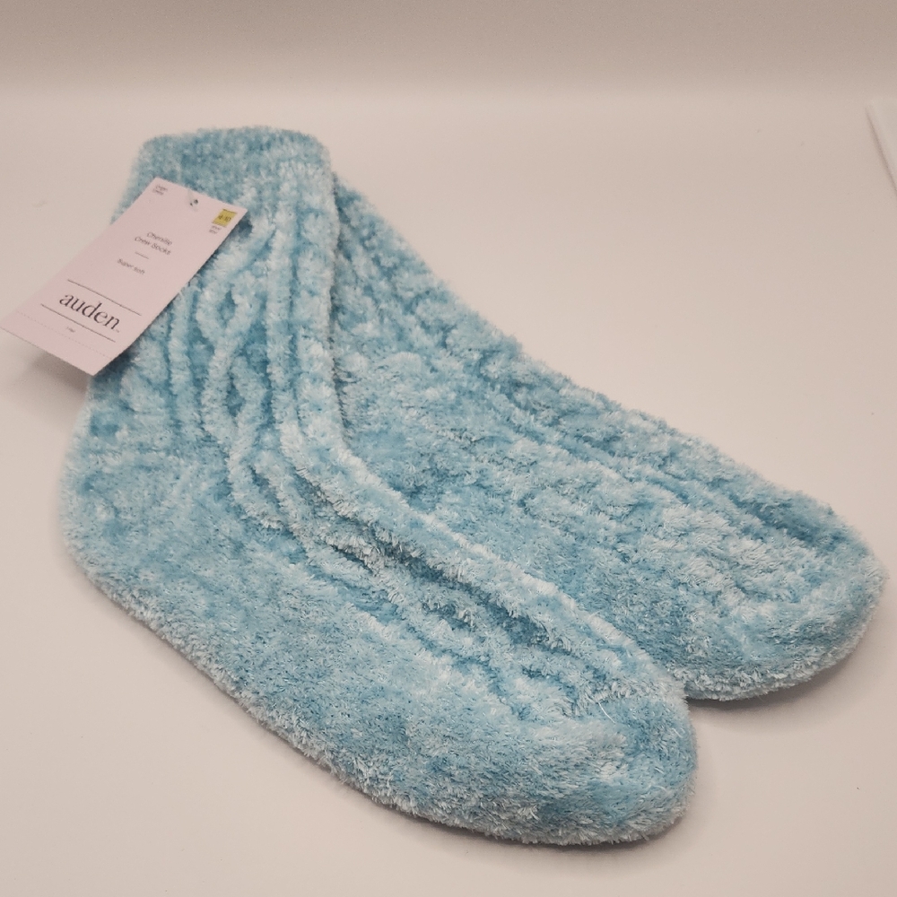 Auden Blue Chenille Crew Socks Super Soft Shoe Size 4-10 NWT Two Pairs